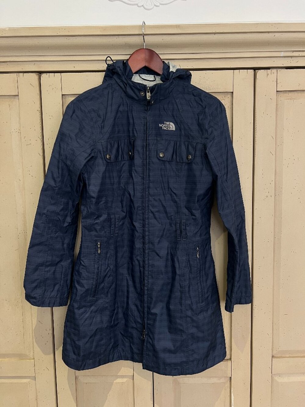 The North Face Long Hooded Rain Jacket Navy Tonal Plaid Nylon Zip Trench XS
